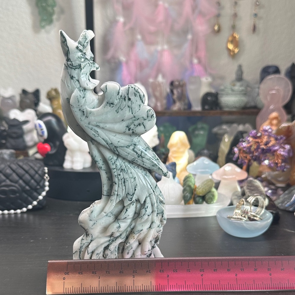 Moss Agate Phoenix Sculpture - Picture 3 of 6